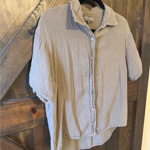 Michael Stars Taupe/green Button-Down Short Sleeve Top